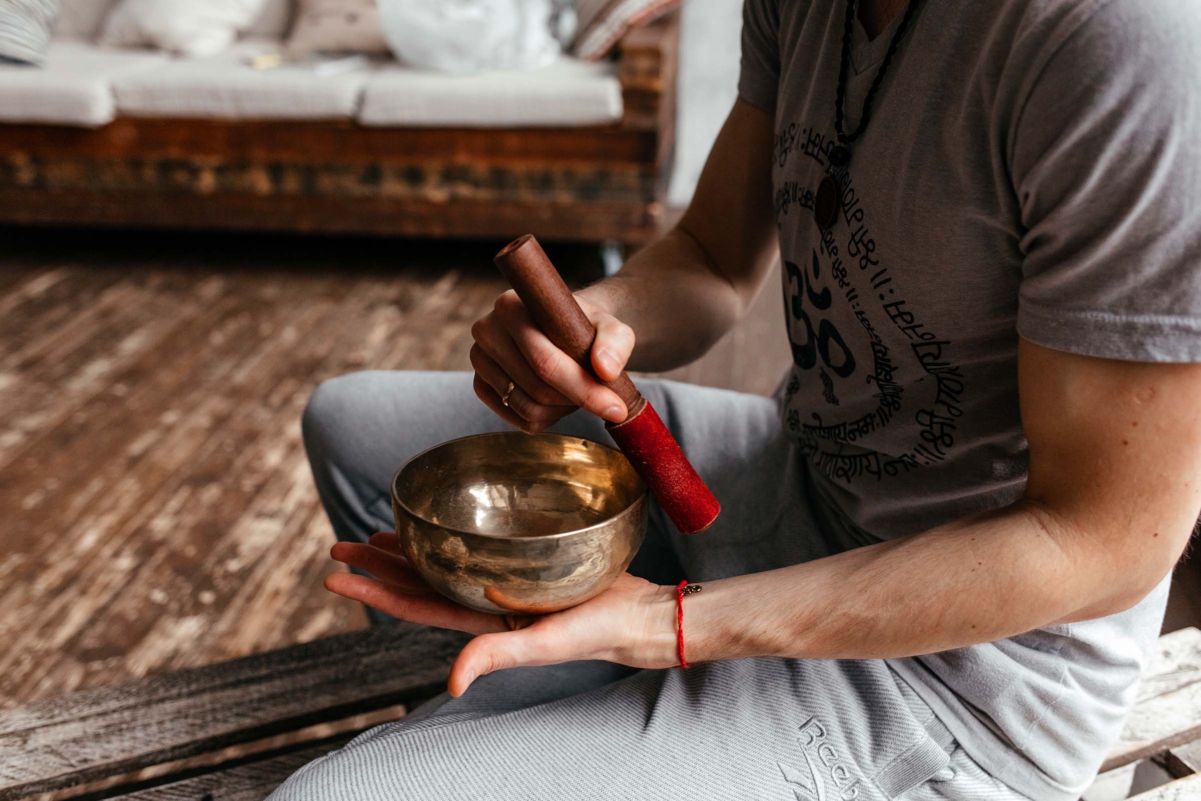 A seated yoga practice with a singing bowl